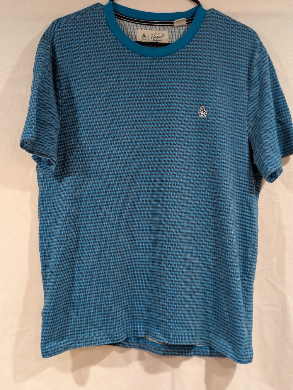 Original Penguin Teal and Navy Thin-Striped Crewneck Tee Mens Large